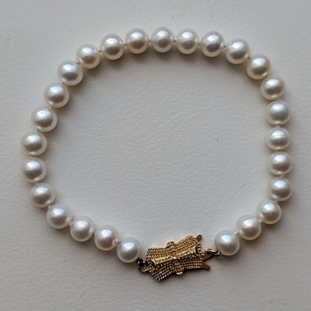 Vintage MIKIMOTO BLUE LAGOON 6.5-7MM 7'' Akoya Pearl 14K 585 Gold Clasp BRACELET